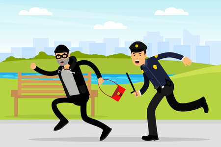 Man Police Officer or Policeman with Truncheon Chasing Thief Escaping with Stolen Handbag Vector Illustrationのイラスト素材