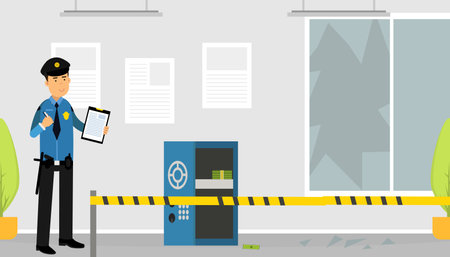 Man Police Officer or Policeman with Truncheon Investigating Crime Scene Vector Illustrationのイラスト素材