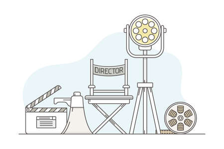 Video Content Footage Production in Filmmaking with Director Chair, Reel and lapperboard Line Vector Illustrationのイラスト素材