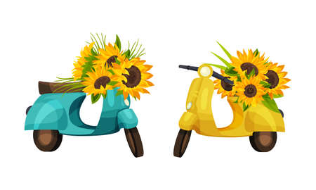 Colorful Moped or Motorbike with Sunflowers Vector Setのイラスト素材