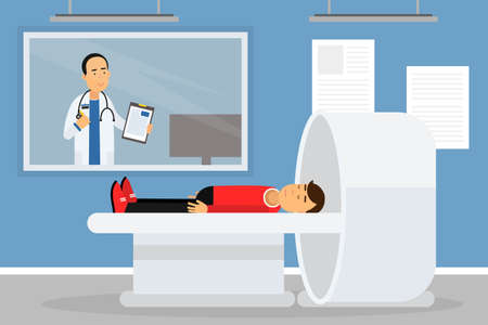 Hospital Staff with Man Doctor and Patient Lying in Tomographic Scanner Vector Illustrationのイラスト素材