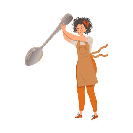Female Barista with Curly Hair Wearing Apron Preparing Coffee Drink Stirring with Spoon Vector Illustrationのイラスト素材