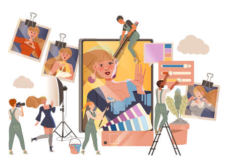 People Photographer in Overall Retouching Photograph with Ink and Paints Vector Illustrationのイラスト素材