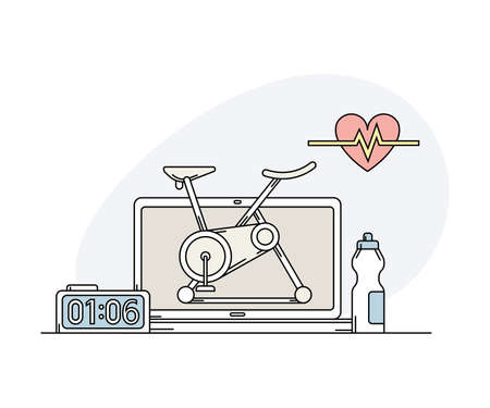 Online Sport and Cardio Physical Exercise with Computer Screen, Timer and Stationary Bicycle Line Vector Illustrationのイラスト素材