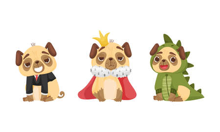 Cute Pug-dog Puppy Wearing Dinosaur Costume and King Mantle Vector Setのイラスト素材