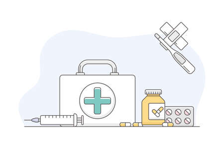 Medicine with First Aid Kit Box and Pills in Bottle Line Vector Illustrationのイラスト素材