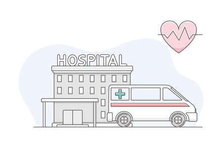 Medicine with Hospital Building and Ambulance Car Line Vector Illustrationのイラスト素材