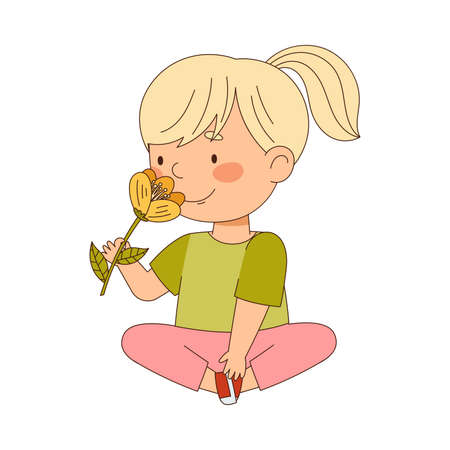 Cute Blond Girl Holding Flower Bouquet Smelling Aroma and Fragrance Vector Illustrationのイラスト素材