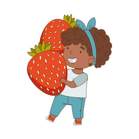 Little African American Girl Carrying Huge Strawberry Vector Illustrationのイラスト素材