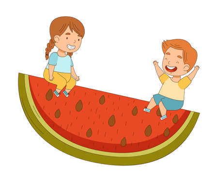 Little Boy and Girl Swinging on Huge Watermelon Slice Vector Illustrationのイラスト素材