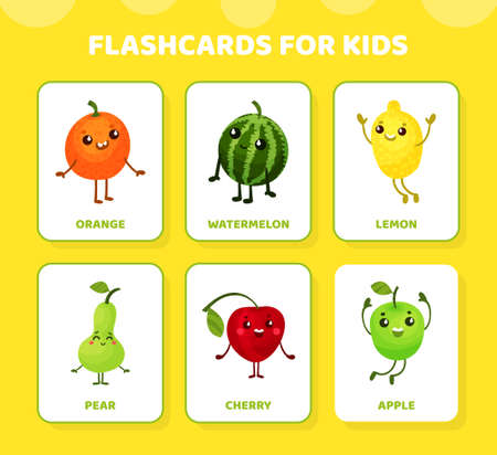 Flashcards for Kids with Funny Humanized Fruit Vector Setのイラスト素材