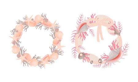 Decorative Sea Wreath Arranged of Shells and Conch from Ocean Bottom Vector Setのイラスト素材