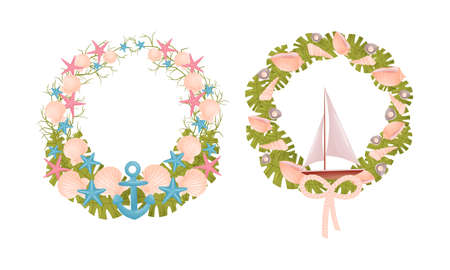 Decorative Sea Wreath Arranged of Shells and Conch from Ocean Bottom Vector Setのイラスト素材