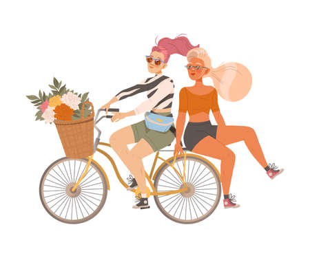 Female Friend Spending Time Together Riding Bicycle Vector Illustrationのイラスト素材