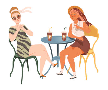 Female Friend Spending Time Together Sitting in Cafe, Drinking Coffee and Gossiping Vector Illustrationのイラスト素材