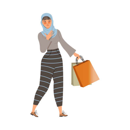 Young Muslim Woman in Headscarf Walking with Shopping Bag Vector Illustrationのイラスト素材