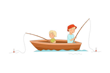 Dad with His Son Sailing on Boat with Fishing Rod and Catching Fish Vector Illustrationのイラスト素材