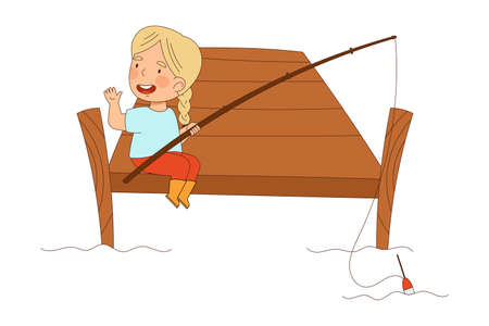Little Girl in Rubber Boots Sitting on Berth with Fishing Rod Catching Fish Vector Illustrationのイラスト素材