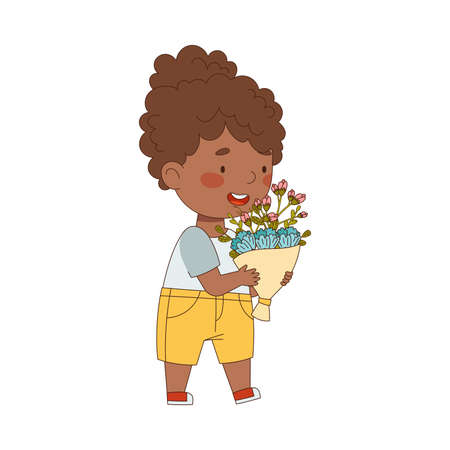 African American Girl Holding Flower Bouquet Smelling Aroma and Fragrance Vector Illustrationのイラスト素材