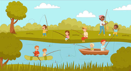 Happy Children and Parents with Fishing Rod Catching Fish in the River or Lake in Summer Vector Illustrationのイラスト素材