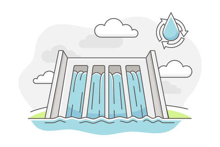 Energy Source with Hydropower and Dam for Stopping Flow of Surface Water Line Vector Illustrationのイラスト素材