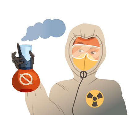 Young Man in Mask and Protective Suit Holding Flask with Toxic Emission Test Vector Illustrationのイラスト素材