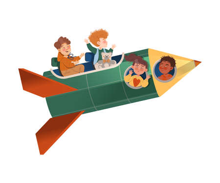 Happy Children Flying on Rocket Peeped Out From Viewing Port and Boarding Big Spaceship Vector Illustrationのイラスト素材
