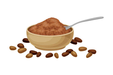 Ground Seeds of Theobroma Cacao as Aromatic Chocolate Ingredient in Bowl Vector Illustrationのイラスト素材