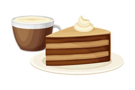 Piece of Chocolate Cake on Plate and Cup of Hot Chocolate Drink Vector Illustrationのイラスト素材
