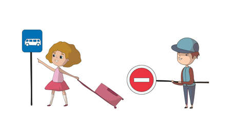 Little Boy and Girl Pedestrian Learning Road Sign and Traffic Rule Vector Setのイラスト素材