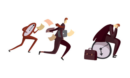 Man Office Worker Holding Head and Escaping from Clock as Time Management and Workload Deadline Pressure Vector Setのイラスト素材