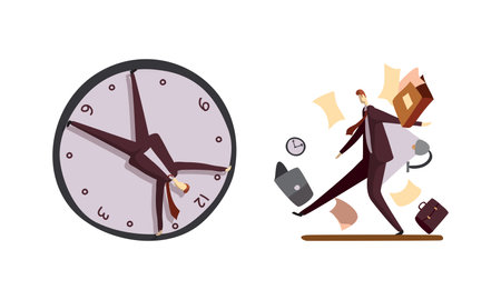Man Office Worker and Clock as Time Management and Workload Deadline Pressure Vector Setのイラスト素材