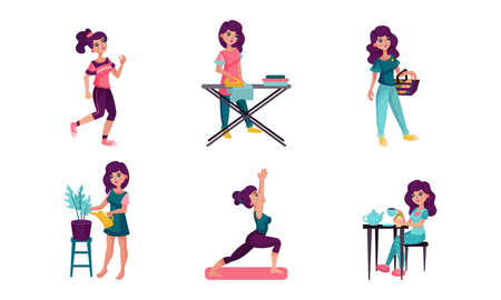 Young Woman Running, Ironing and Doing Yoga Vector Illustration Setのイラスト素材