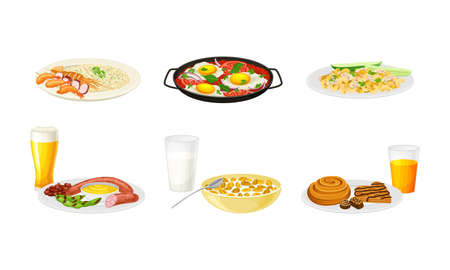 Pasta Mixed with Mushrooms and Herbs and Rice with Seafood Rested on Plate Vector Setのイラスト素材