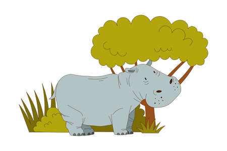 Grey Hippo as African Animal Standing Near Green Bush Vector Illustrationのイラスト素材