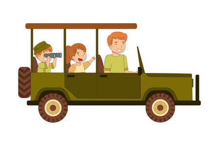 Man with Little Kids Driving Car Along Safari Area Watching Cheetah Animal Vector Illustrationのイラスト素材