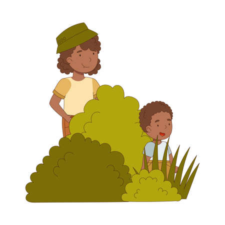 Little Boy with Mother as Traveler on Safari Tour Sitting in Bush Watching Animal Vector Illustrationのイラスト素材