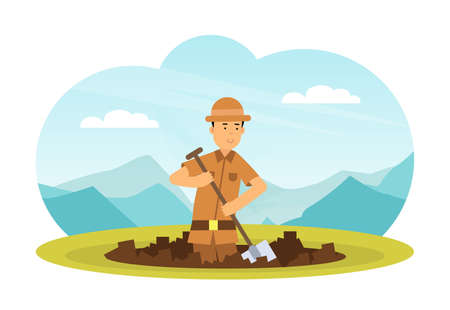 Man Archaeologist with Shovel Searching for Material Remains Vector Illustrationのイラスト素材