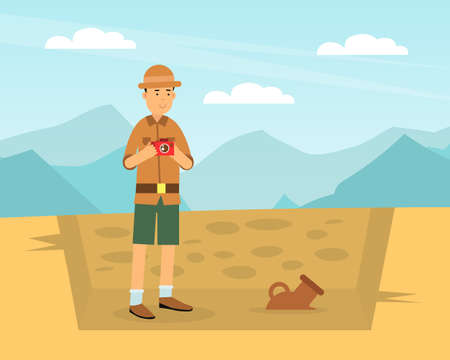 Man Archaeologist with Camera Taking Photo of Past Artifact and Material Remains Vector Illustrationのイラスト素材