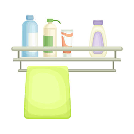 Bathroom Wall Mounted Shelf with Hygienic Accessories and Towel Vector Illustrationのイラスト素材