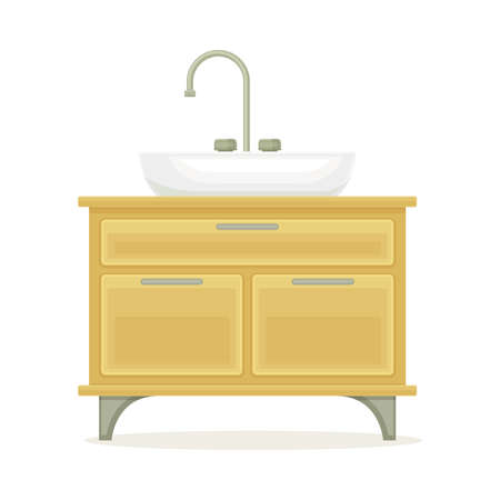 White Bathroom Sink Basin with Tap and Drawer Isolated on White Background Vector Illustrationのイラスト素材