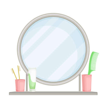 Round Mirror and Shelf with Toothbrush and Toothpaste as Bathroom Accessory Vector Illustrationのイラスト素材