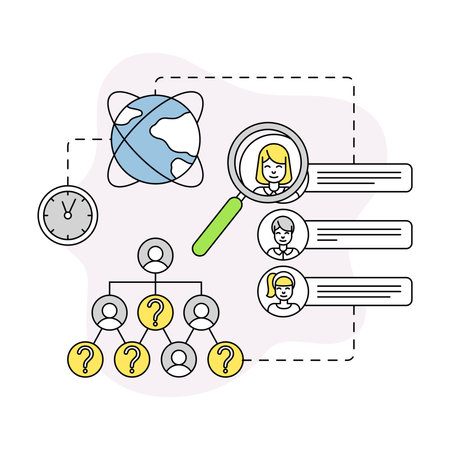 Business and Start-up Development with Employee Searching and Globe Vector Line Compositionのイラスト素材