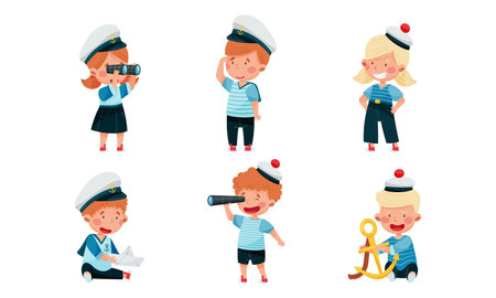 Little Children in Mariner Costume and Forage Cap or Peakless Hat Playing Sailor Vector Illustration Setのイラスト素材