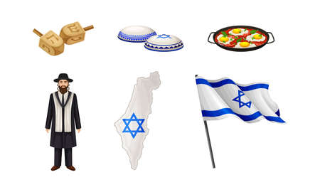 Israeli or Jewish Attributes with Dreidel and Flag on Pole Vector Setのイラスト素材