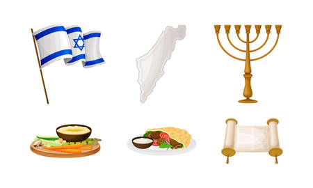 Israeli or Jewish Attributes with Menorah and Torah Scroll Vector Setのイラスト素材