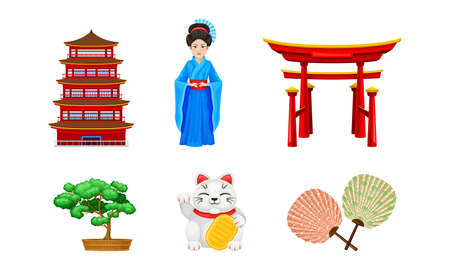 Japan Symbols with Bonsai Tree and Geisha Girl Vector Setのイラスト素材