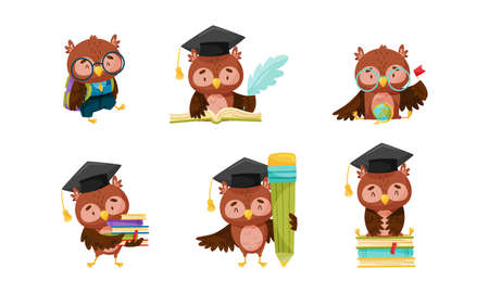 Funny Owl in Glasses Carrying Pile of Books and Writing with Feather Vector Setのイラスト素材