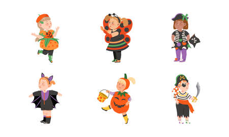 Funny Boy and Girl Dressed in Halloween Costume Vector Setのイラスト素材