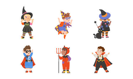 Funny Boy and Girl Dressed in Halloween Costume Vector Setのイラスト素材
